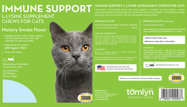 Tomlyn L-Lysine Immune Support Chews For Cats - Fish Flavored Supplement, 30 Count