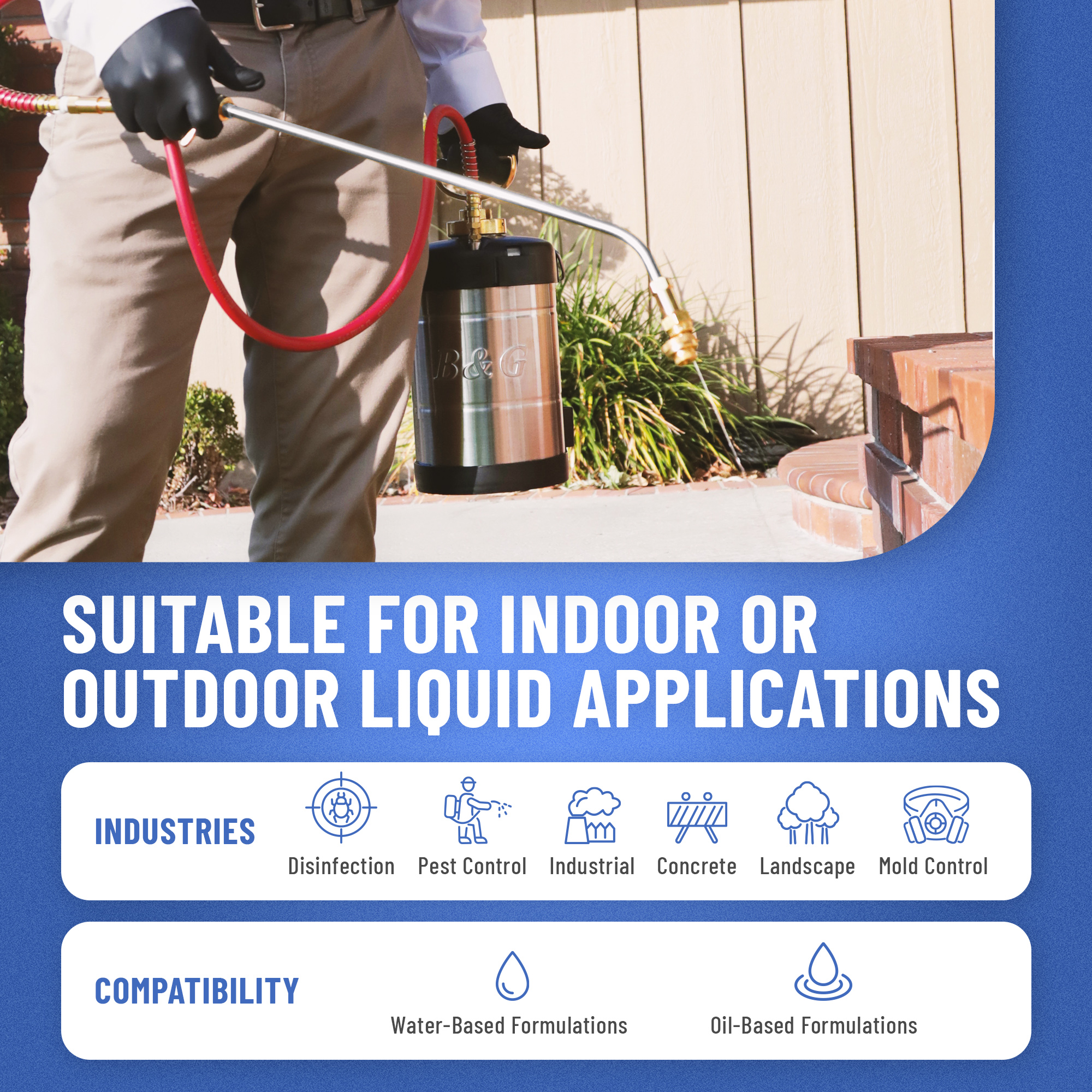 B&G Primeline Sprayers are suitable for indoor and outdoor liquid applications. 